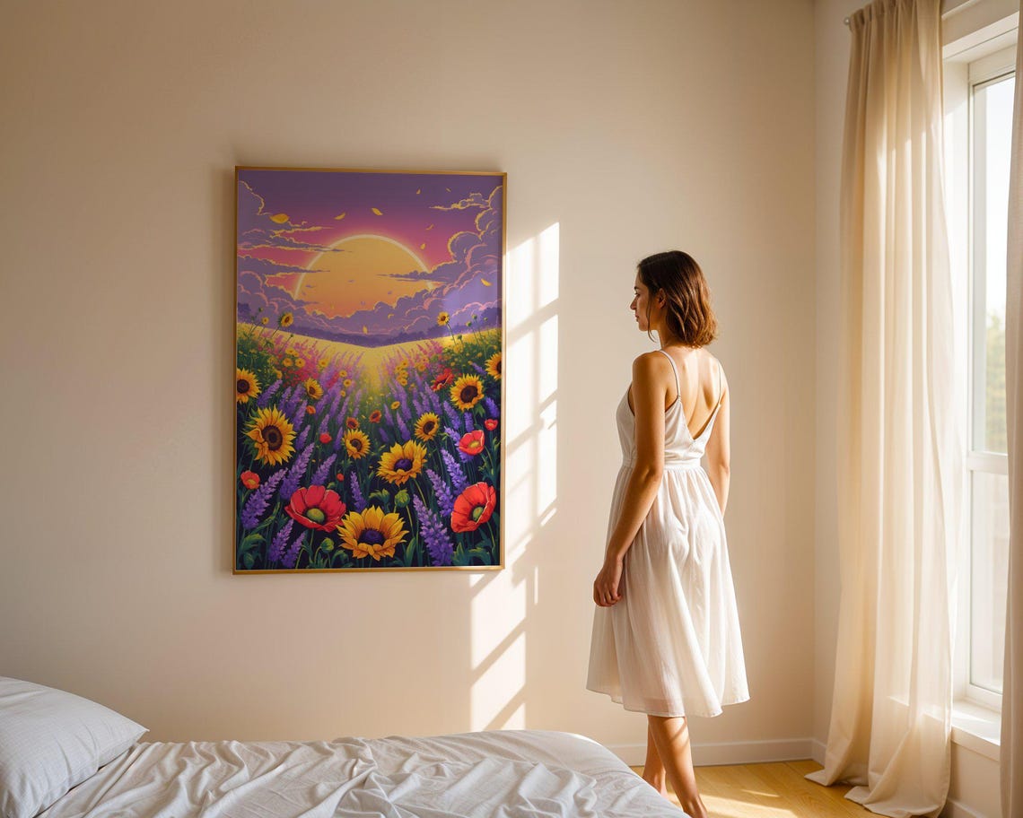 Sunset Over A Wildflower Meadow With Sunflowers And Lavender Poster - Image 4