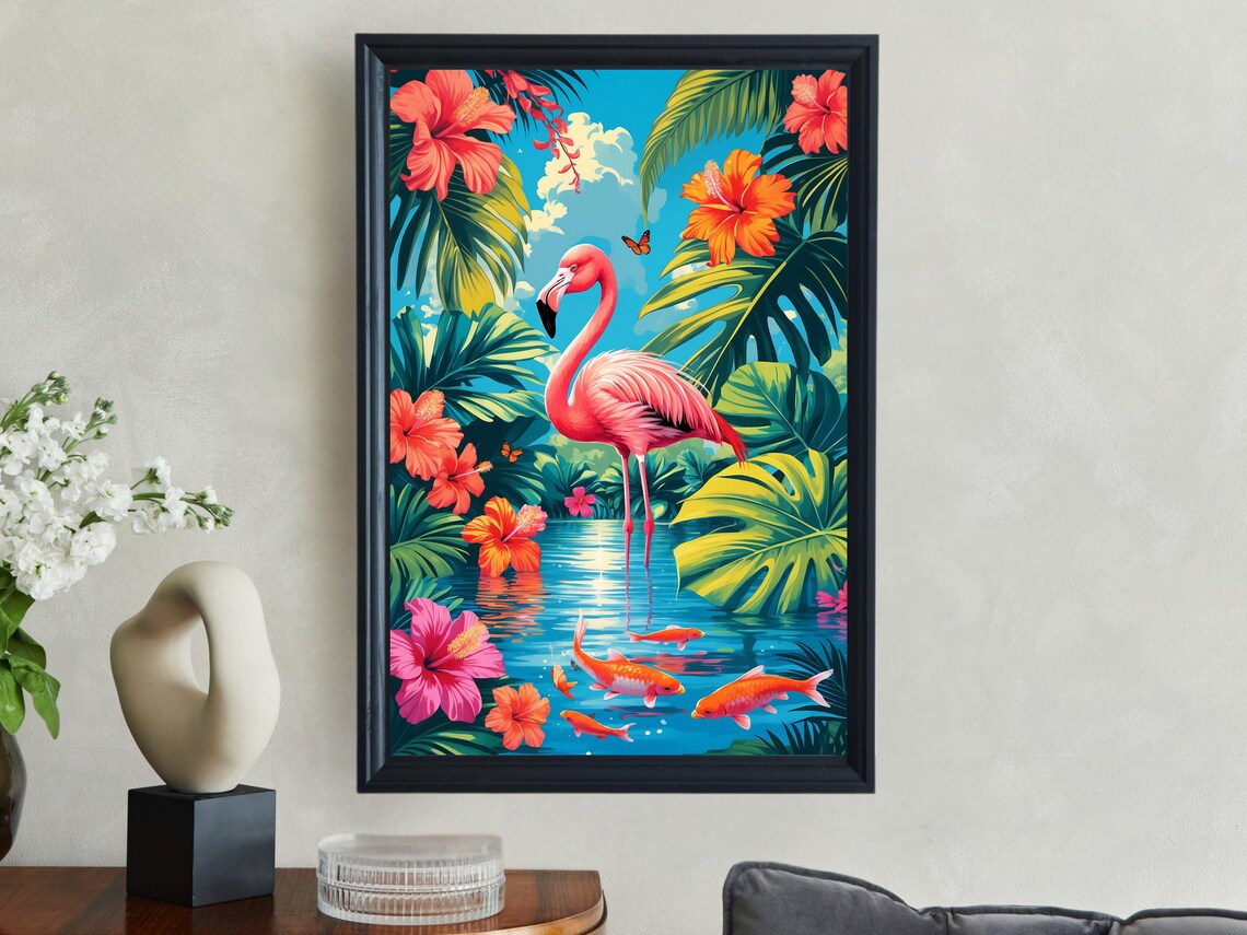 Pink Flamingo Tropical Pond Koi Fish Hibiscus Garden Art Print