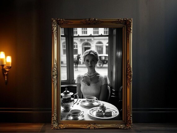 Elegant Woman Enjoying Afternoon Tea by Cafe Window, B&W Poster