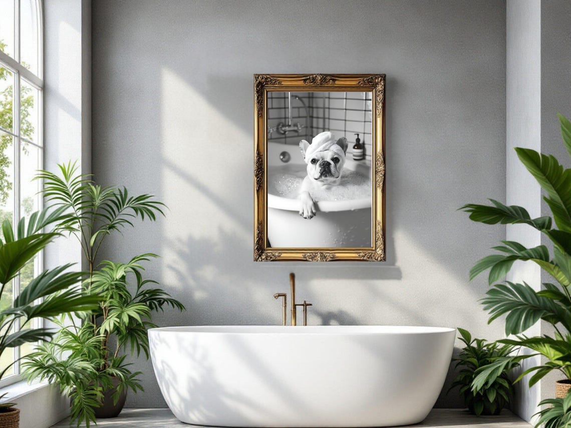 French Bulldog Enjoying a Bubble Bath With a Towel Turban Poster - Image 3