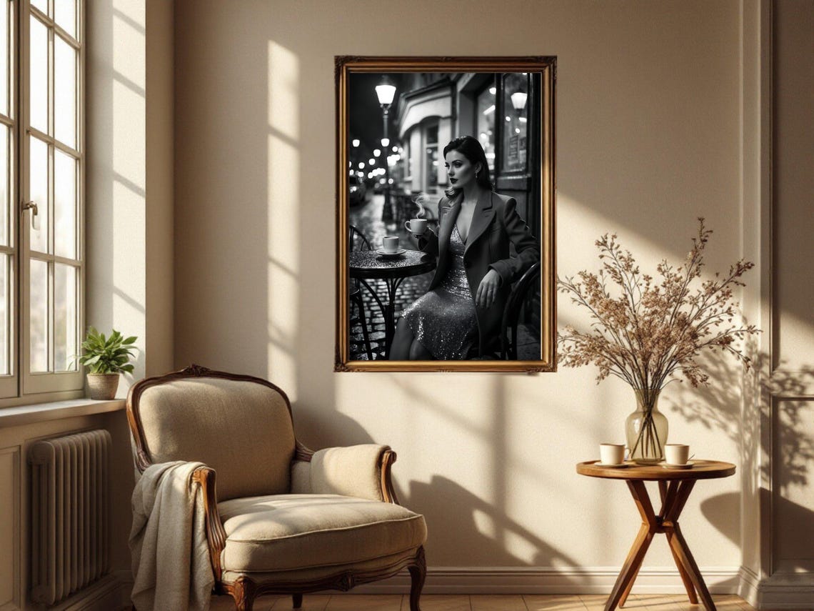 Elegant Woman At A Parisian Cafe At Night With Coffee Poster - Image 2