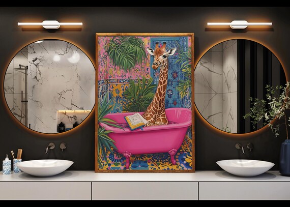 Giraffe Reading Book In Pink Bathtub Tropical Jungle Animal Poster