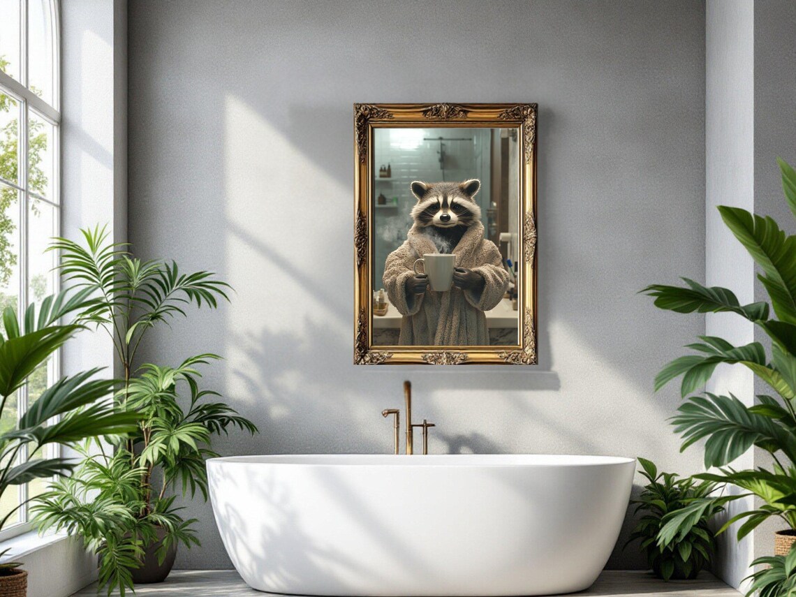 Raccoon in a Fluffy Bathrobe Holding a Steaming Coffee Mug Poster - Image 3