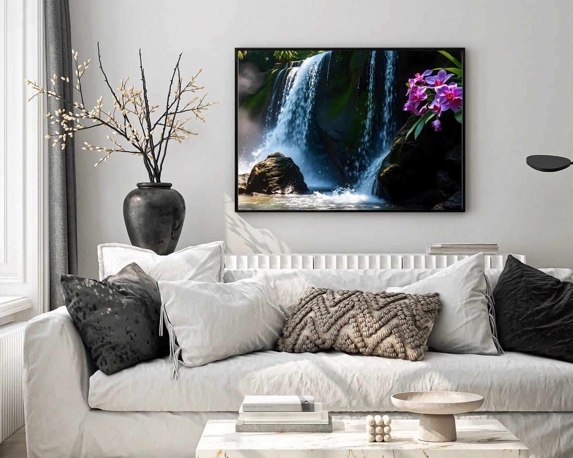 Tropical Waterfall With Purple Orchids Nature Landscape Poster - Image 4
