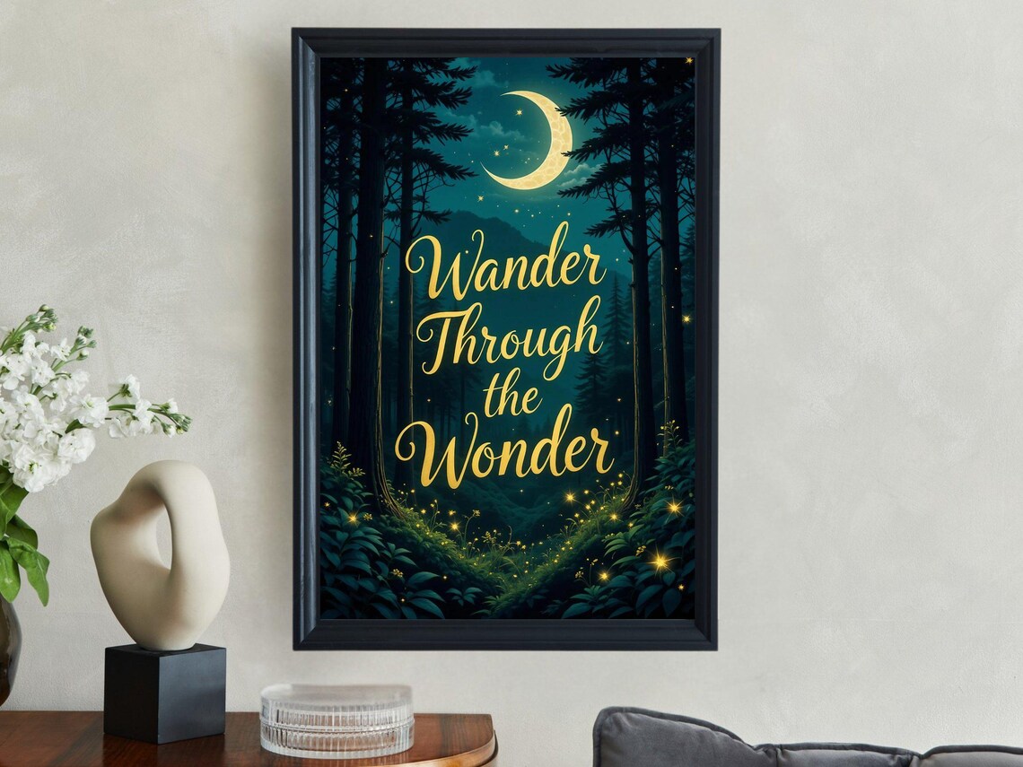 Moonlit Forest Art Wander Through The Wonder Inspirational Quote Wall Art Print Poster Home Decor