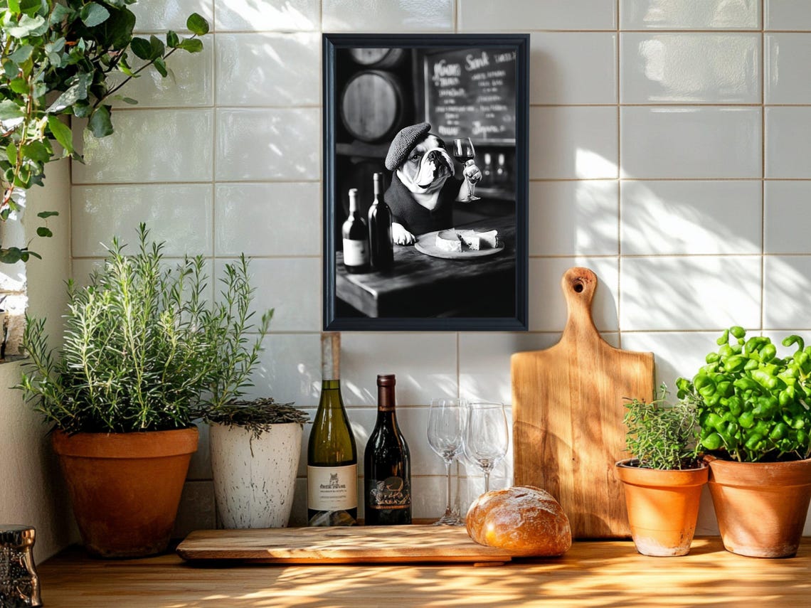Bulldog in Beret Tasting Wine With Cheese Platter Bar Poster - Image 2