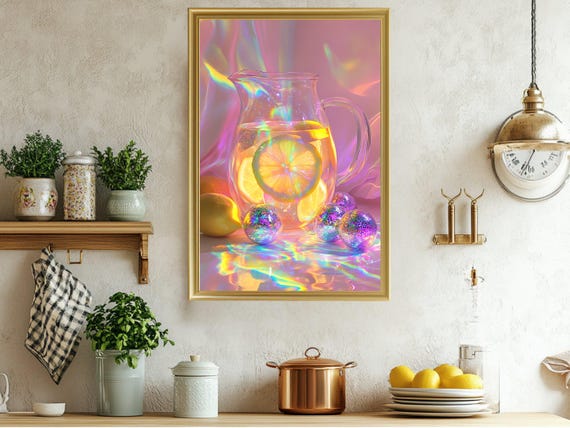 Colorful Lemonade Pitcher Wall Art Vibrant Rainbow Reflection Kitchen Decor Unique Fruit And Glass Painting For Home
