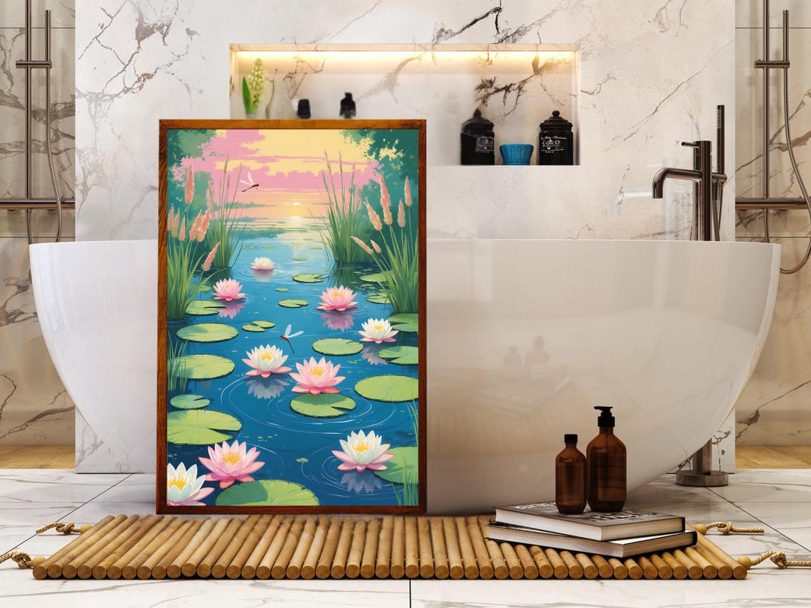 Serene Water Lily Pond Wall Art Dragonfly Sunset Landscape Print Tranquil Nature Scene Floral Lake House Decor Gift For Nature Lovers - Image 5