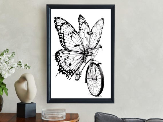 Butterfly Bicycle Wall Art Print Unique Bicycle Art Poster Butterfly Wings Bike Illustration Modern Home Decor Nature Inspired Art