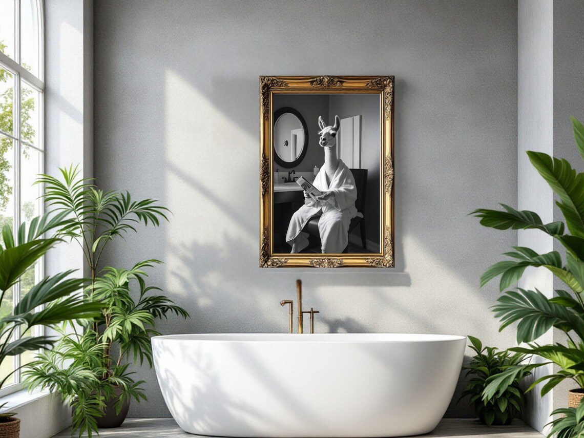 Llama In White Bathrobe Reading Newspaper Black And White Animal Poster - Image 3