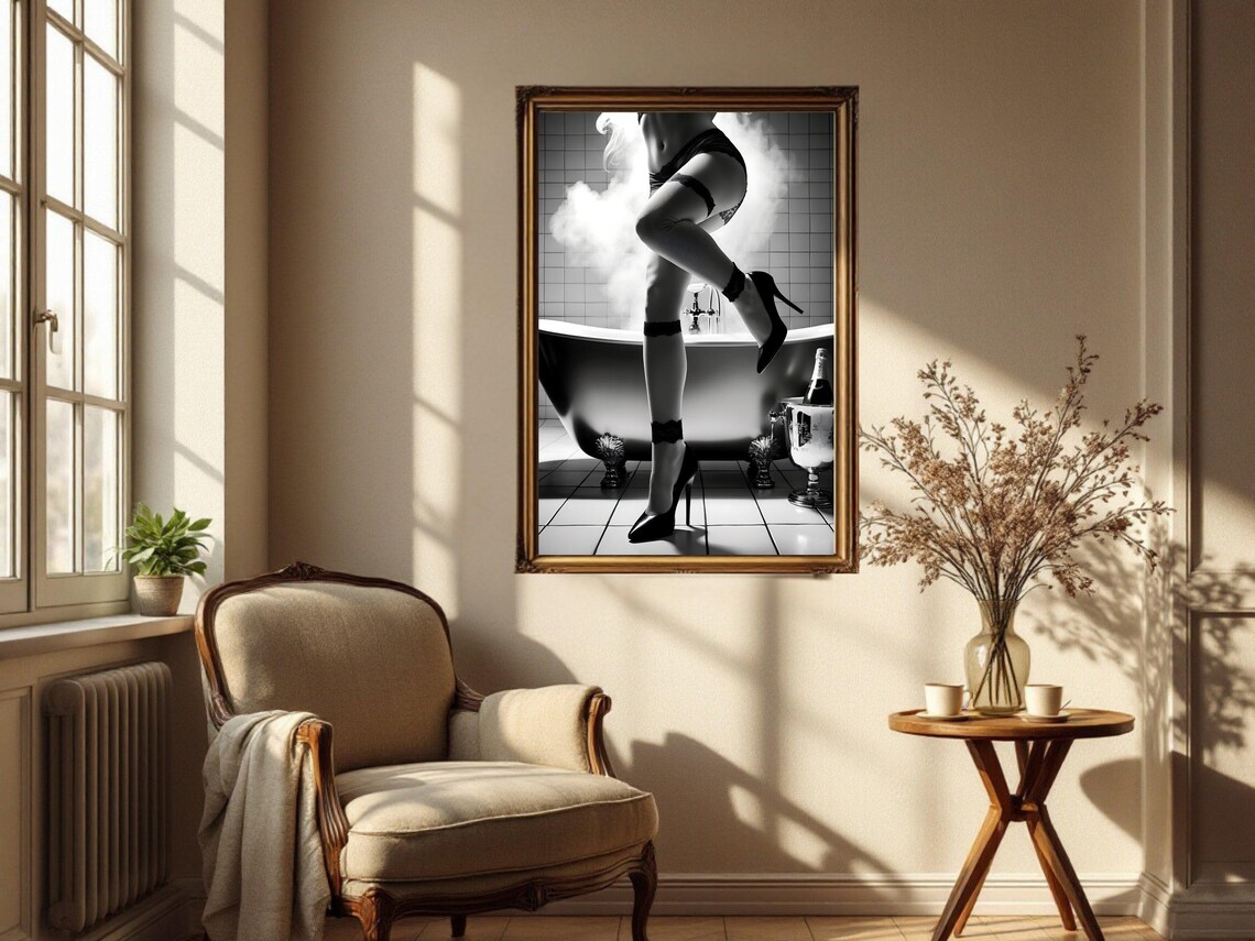 Woman In Lingerie Beside Steaming Clawfoot Bathtub Champagne Poster - Image 2
