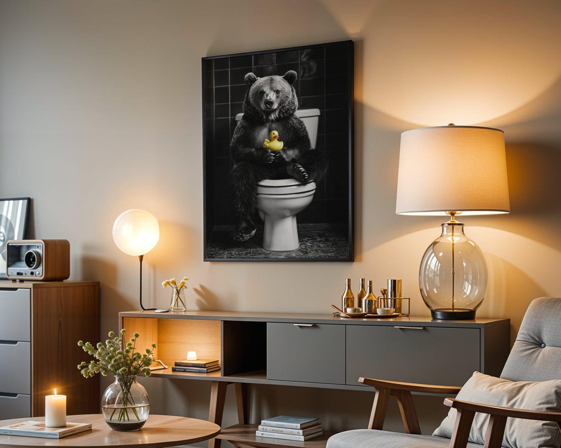 Bear Sitting On A Toilet Holding A Yellow Rubber Duck Poster - Image 4