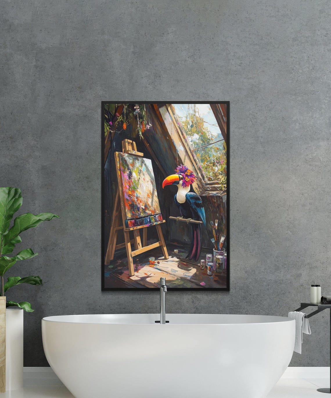 Toucan Artist With Flower Crown Painting In A Sunlit Art Studio Poster - Image 3