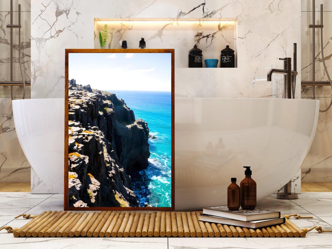 Dramatic Rocky Cliffs With Basalt Columns Above Deep Blue Ocean Poster - Image 2
