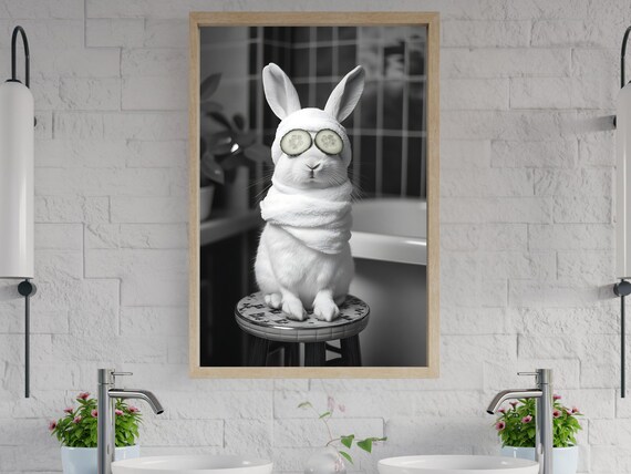 White Rabbit Spa With Cucumber Eyes Black And White Animal Poster