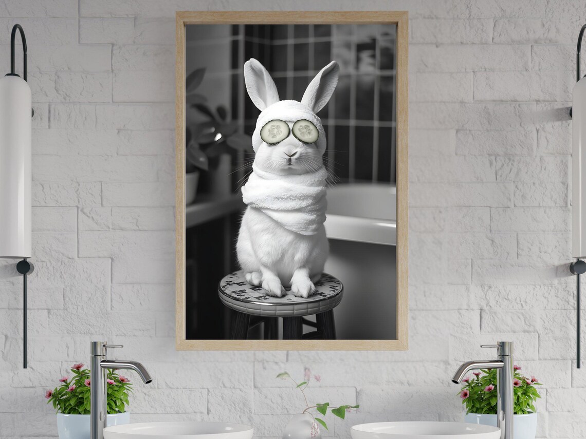 White Rabbit Spa With Cucumber Eyes Black And White Animal Poster