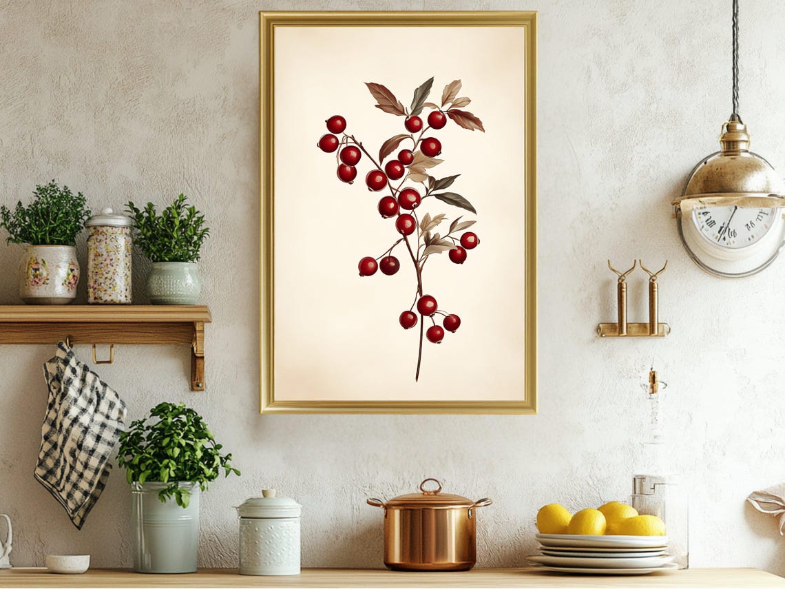 Red Berry Branch Botanical Illustration Rustic Kitchen Poster