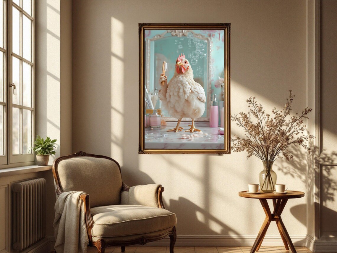 White Chicken Brushing Hair at a Vintage Bathroom Vanity Poster - Image 4