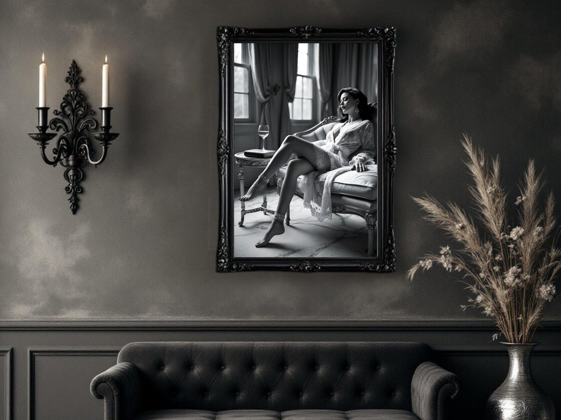 Romantic Black And White Boudoir Portrait Lace Robe Chaise Poster - Image 4