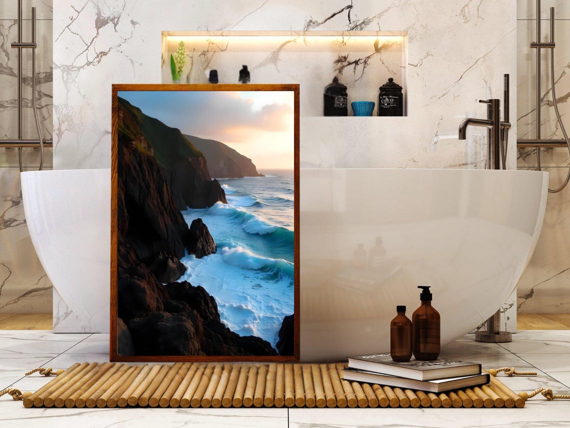 Dramatic Dark Rocky Ocean Cliffs at Sunset With Teal Waves Poster - Image 2