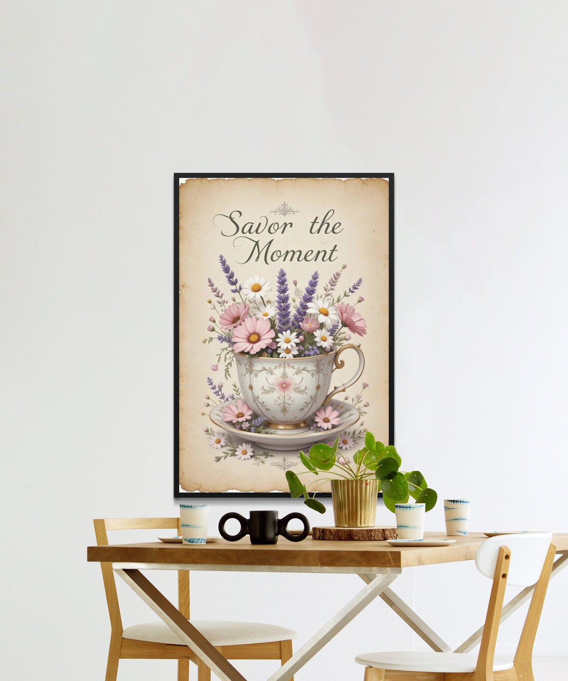 Savor The Moment Vintage Floral Teacup Bouquet Aged Paper Poster - Image 2
