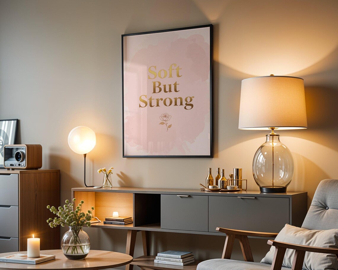 Soft But Strong Blush Gold Minimalist Floral Feminine Quote Wall Poster - Image 4