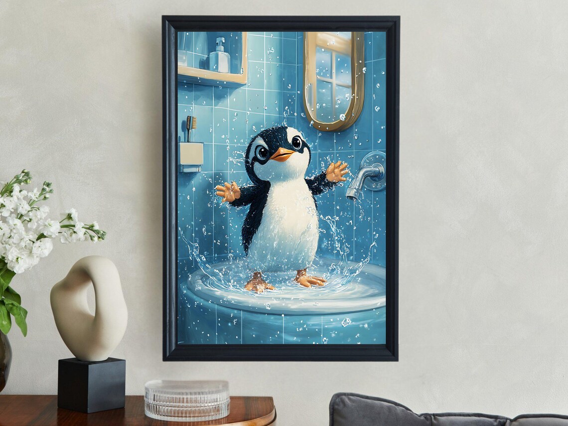 Adorable Baby Penguin Splashing Joyfully in the Bathroom Sink Poster - Image 2