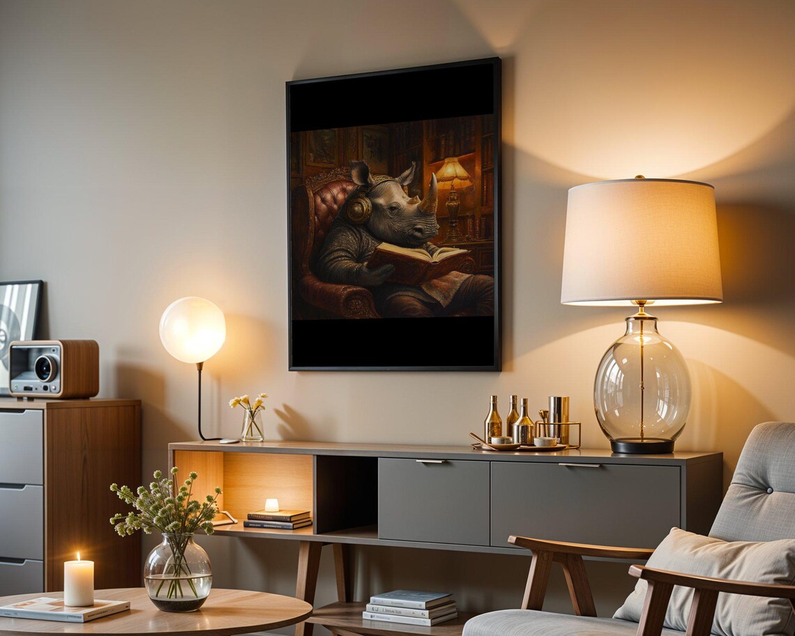 Rhino Reading A Book In A Leather Armchair In A Cozy Library Poster - Image 4