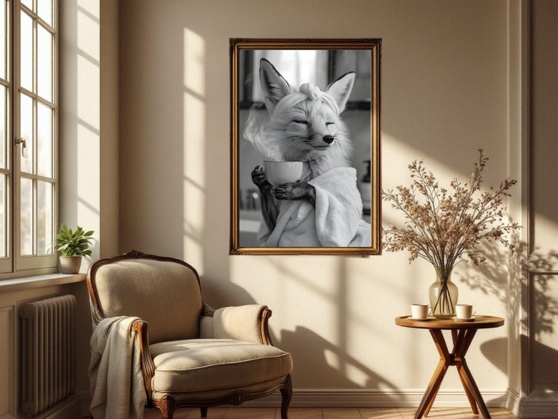 Relaxed Fox Wrapped in a Towel Savoring a Steaming Cup Poster - Image 4