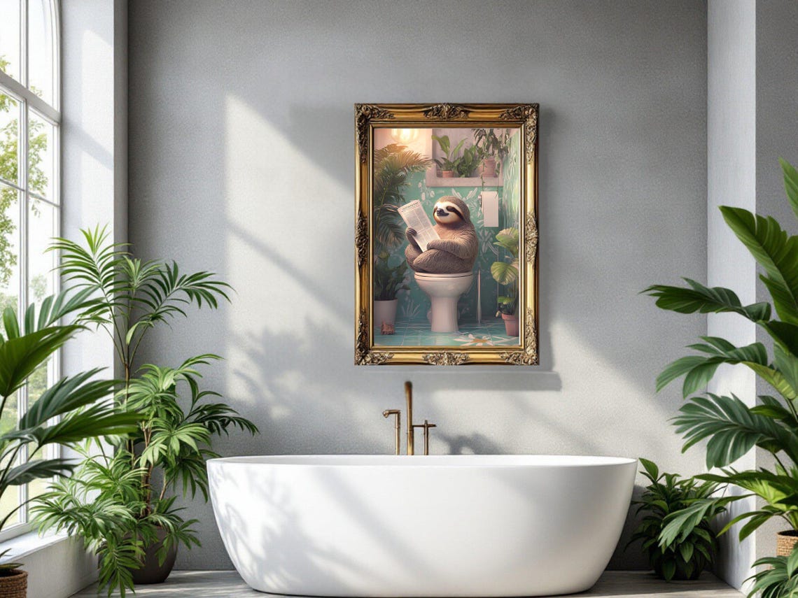 Relaxed Sloth Reading Newspaper on Toilet in Tropical Bathroom Poster - Image 3
