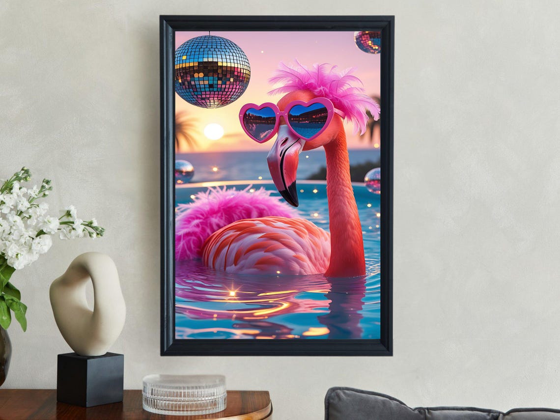 Flamingo In Heart Sunglasses Floating Pool Sunset Disco Party Poster
