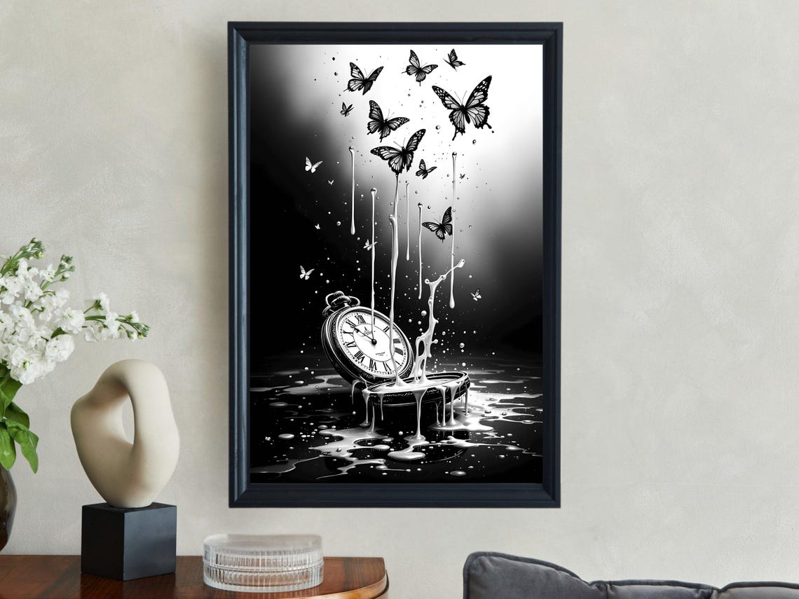 Surreal Melting Clock With Butterflies Art Print Black And White Artwork Dreamlike Wall Art Modern Home Decor Unique Gift