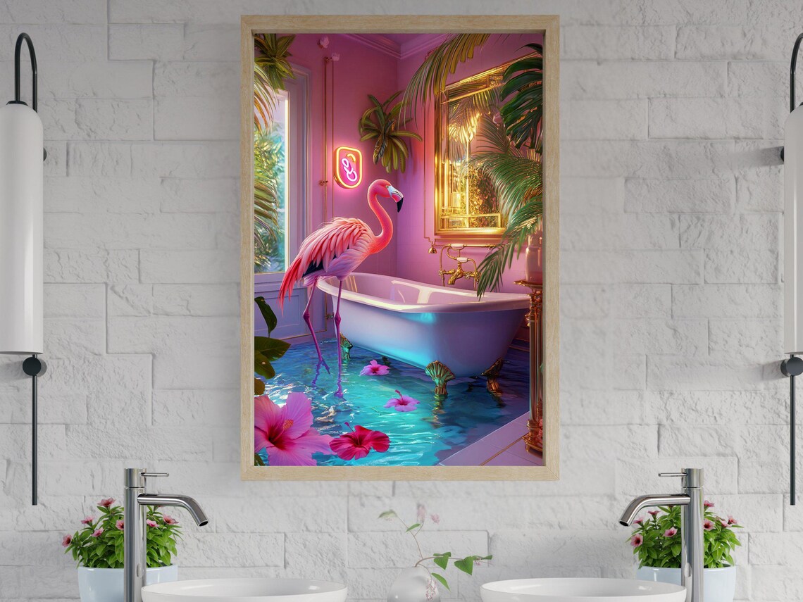 Pink Flamingo By A Clawfoot Bathtub In A Tropical Pink Bathroom Poster
