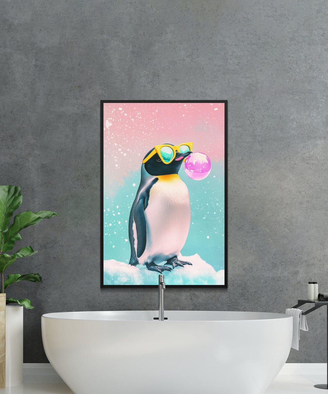Penguin in Yellow Sunglasses Blowing Pink Bubble on Ice Poster - Image 4