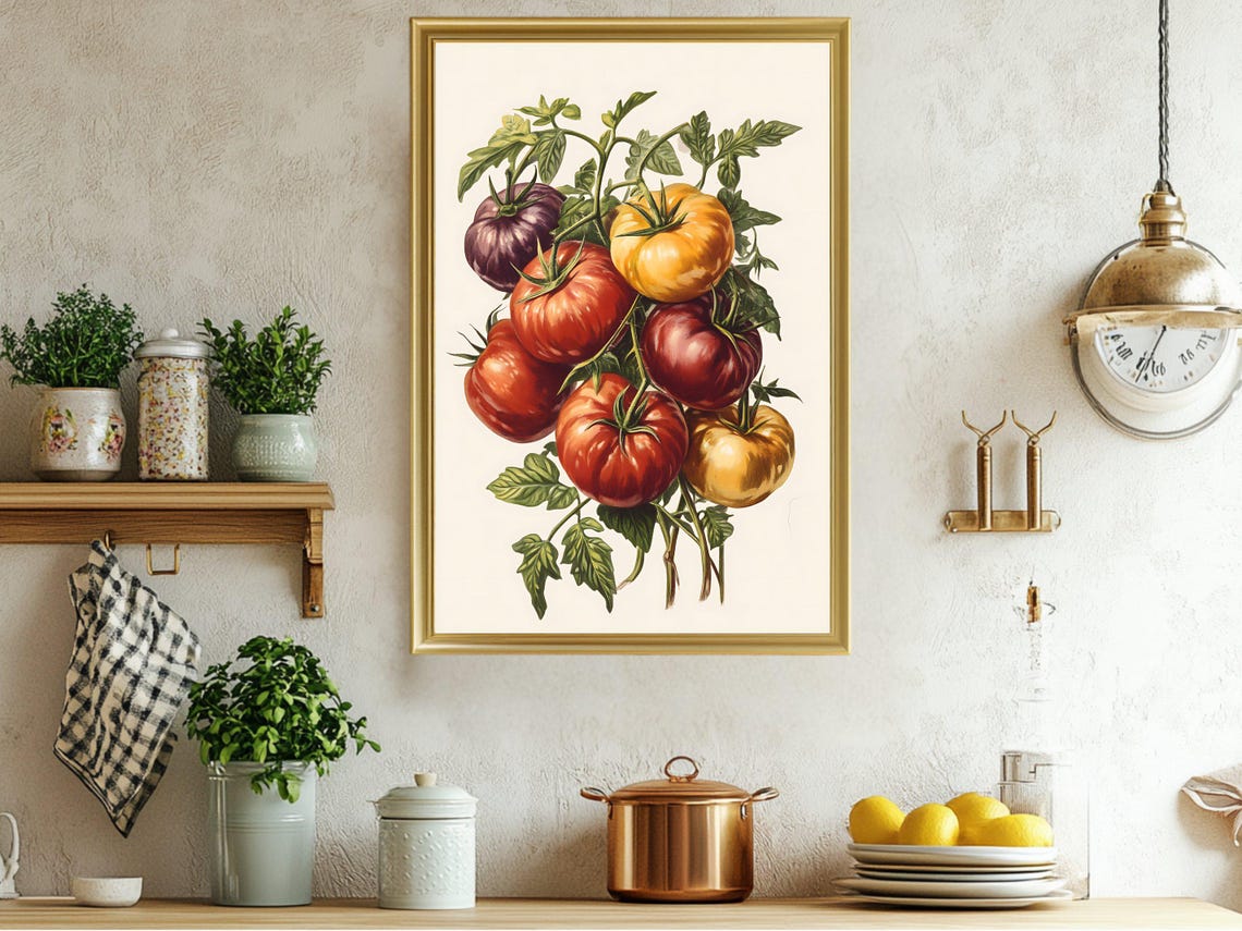 Heirloom Tomato Vine in Rich Colors Botanical Vegetable Kitchen Poster