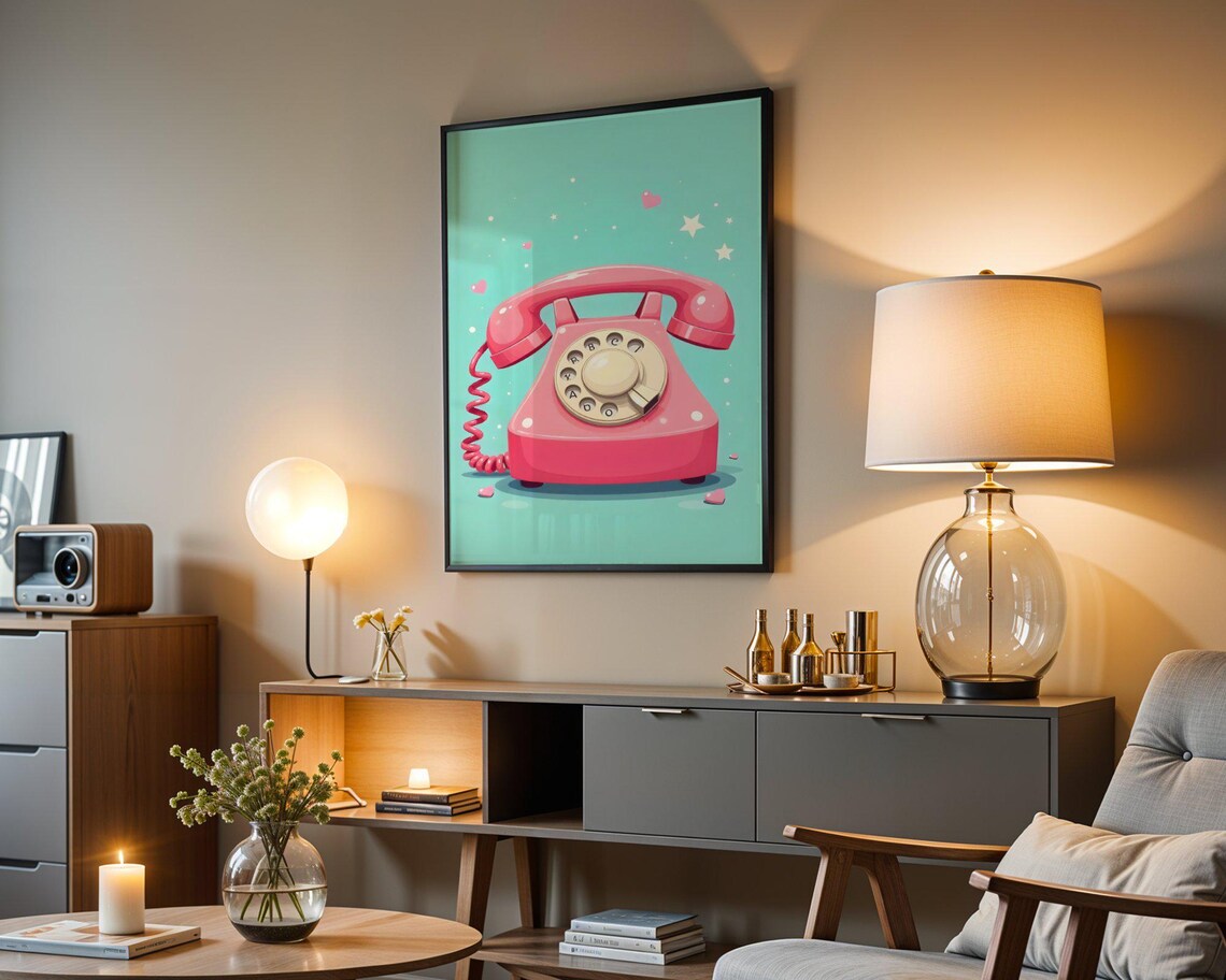 Pink Retro Rotary Phone Teal Background Cute Kawaii Decor Art Print - Image 3
