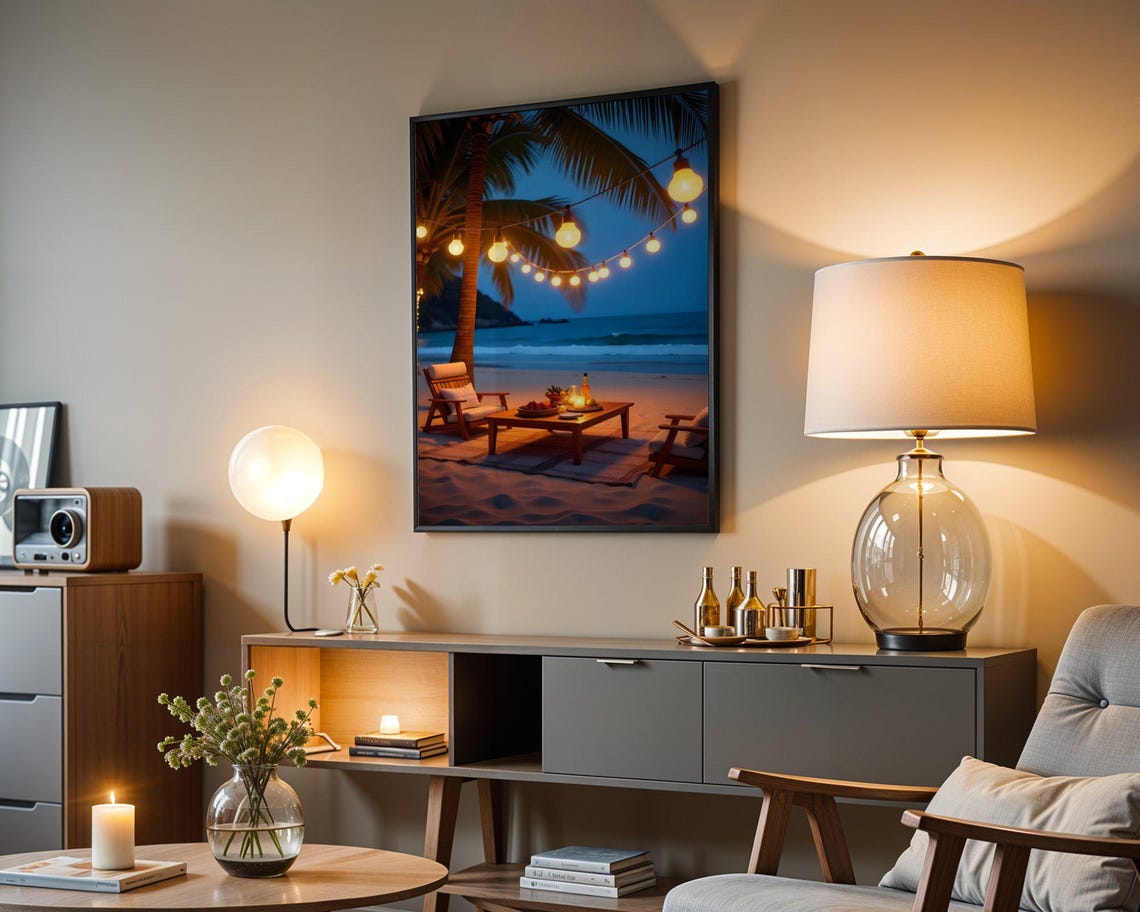 Evening Beach Picnic Under String Lights Cozy Seaside Poster - Image 5