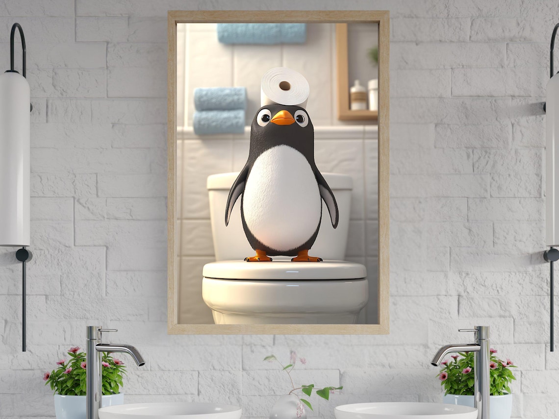 Cute Cartoon Penguin Sitting on Toilet With Toilet Paper Hat Poster