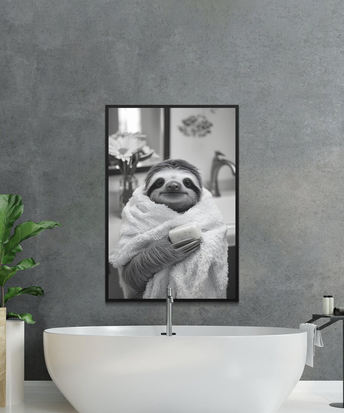 Sloth Wrapped in a Fluffy Towel Holding a Bar of Soap Poster - Image 2