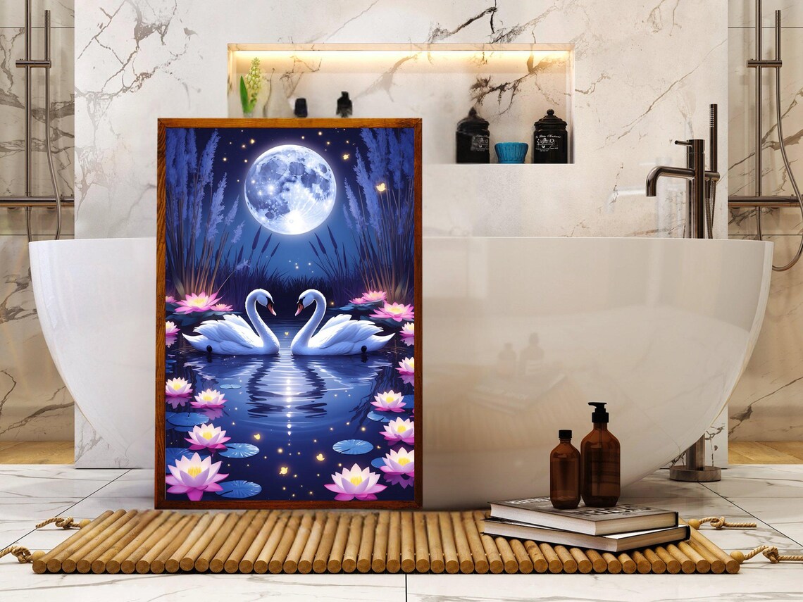 Two Swans In Love Under A Full Moon Among Pink Lotus Flowers Poster - Image 5