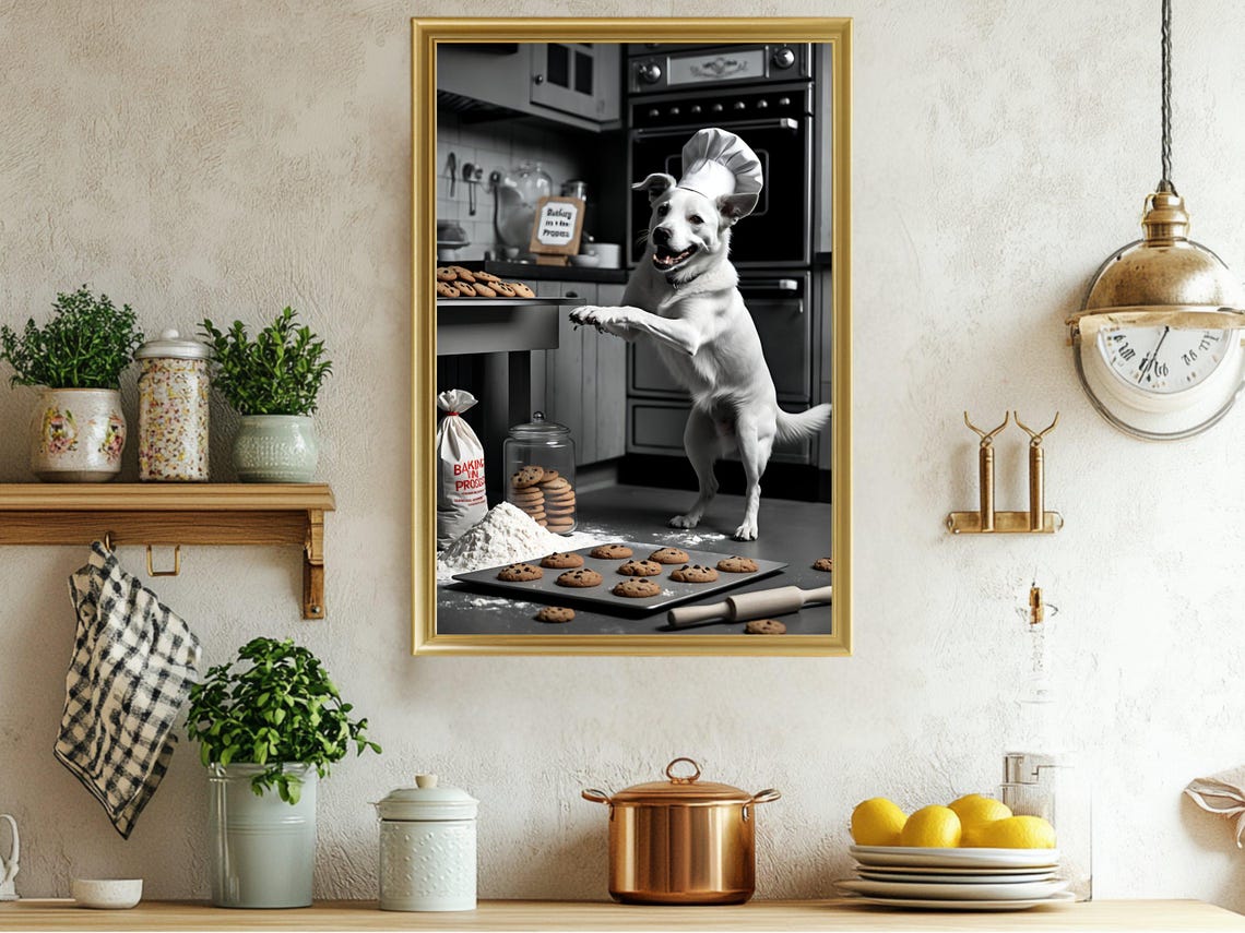 Smiling Dog Chef Baking Cookies Funny Kitchen Pet Humor Poster