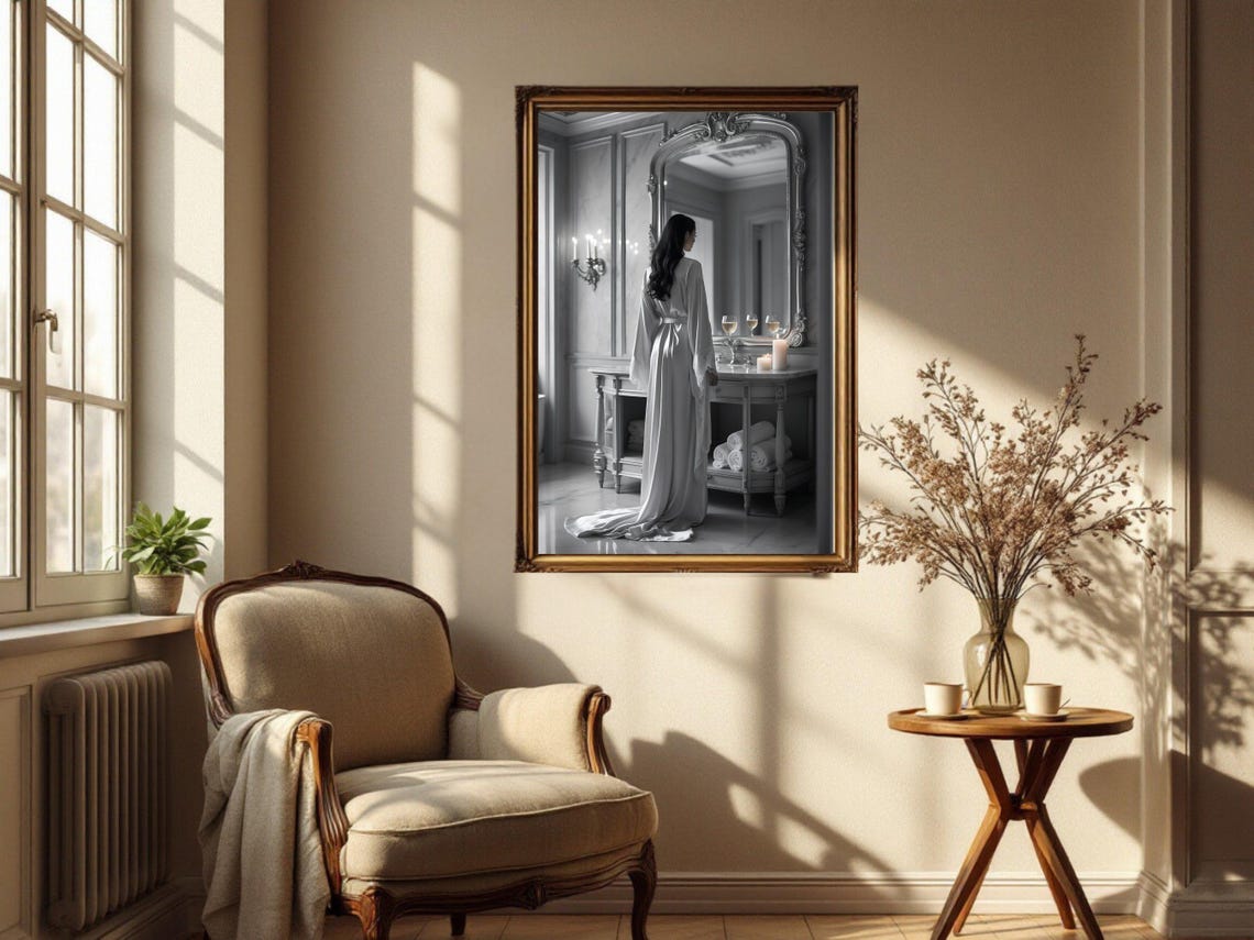 Woman in a Satin Robe Before an Ornate Mirror in Monochrome Poster - Image 2
