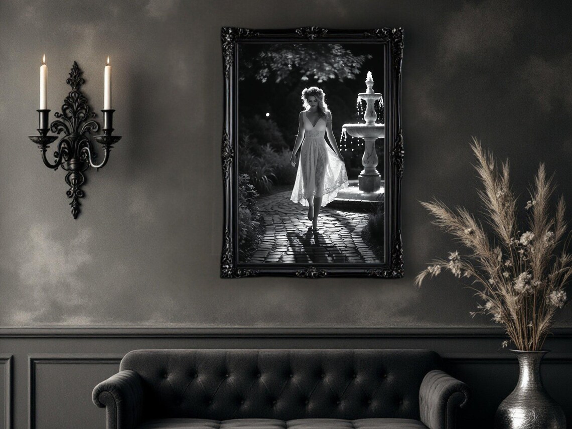 Barefoot Woman in White Dress by Moonlit Garden Fountain Poster - Image 4