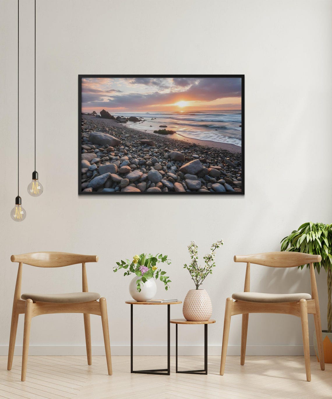 Sunset Over a Rocky Pebble Beach with Rolling Ocean Waves Poster - Image 2