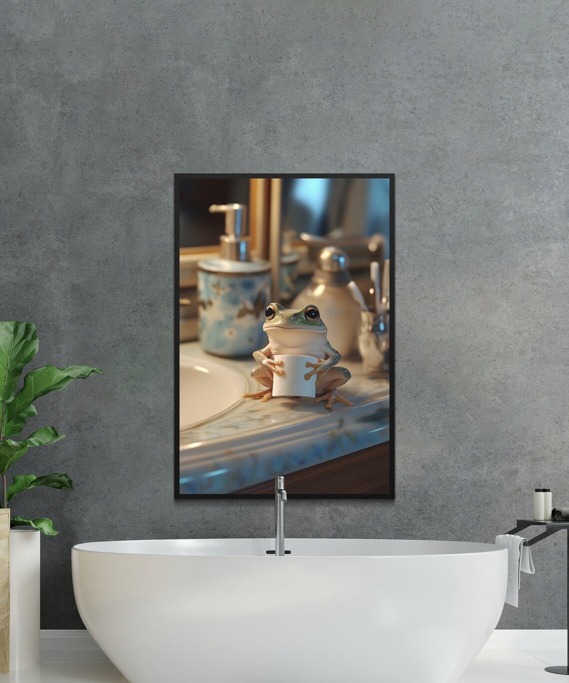 Cute Frog Holding Toilet Paper While Sitting on a Bathroom Sink Poster - Image 2