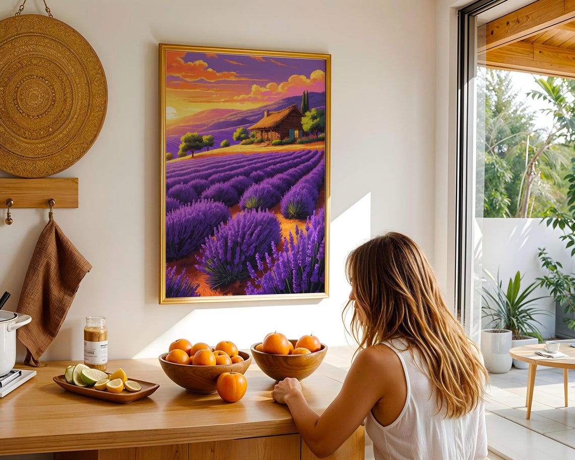 Lavender Field Sunset Rustic Cabin Golden Mountain Art Print - Image 2