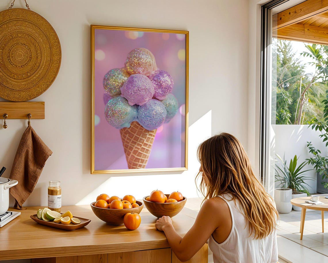 Sparkly Ice Cream Cone Wall Art Pastel Pink Glitter Print Fun And Colorful Ice Cream Poster Cute Pastel Room Decor - Image 5