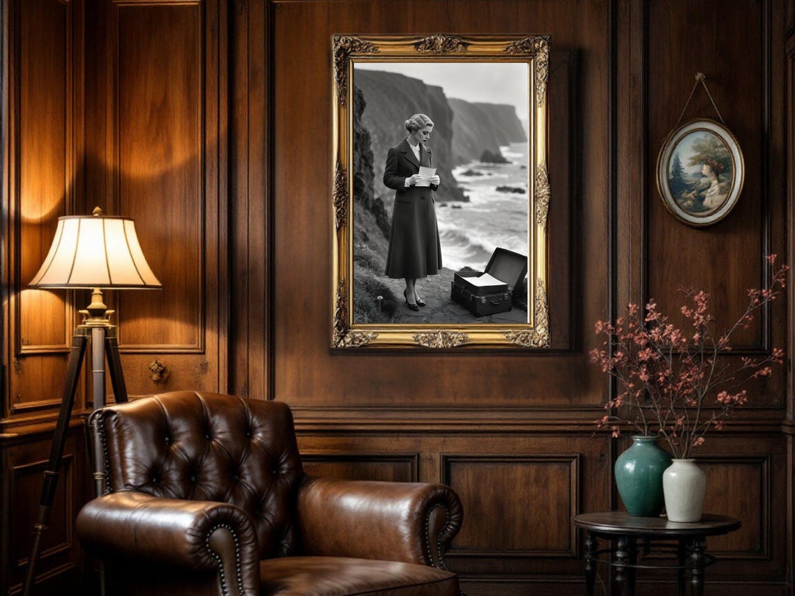 Vintage Woman Reading Letter on Coastal Cliff with Suitcase Poster - Image 5
