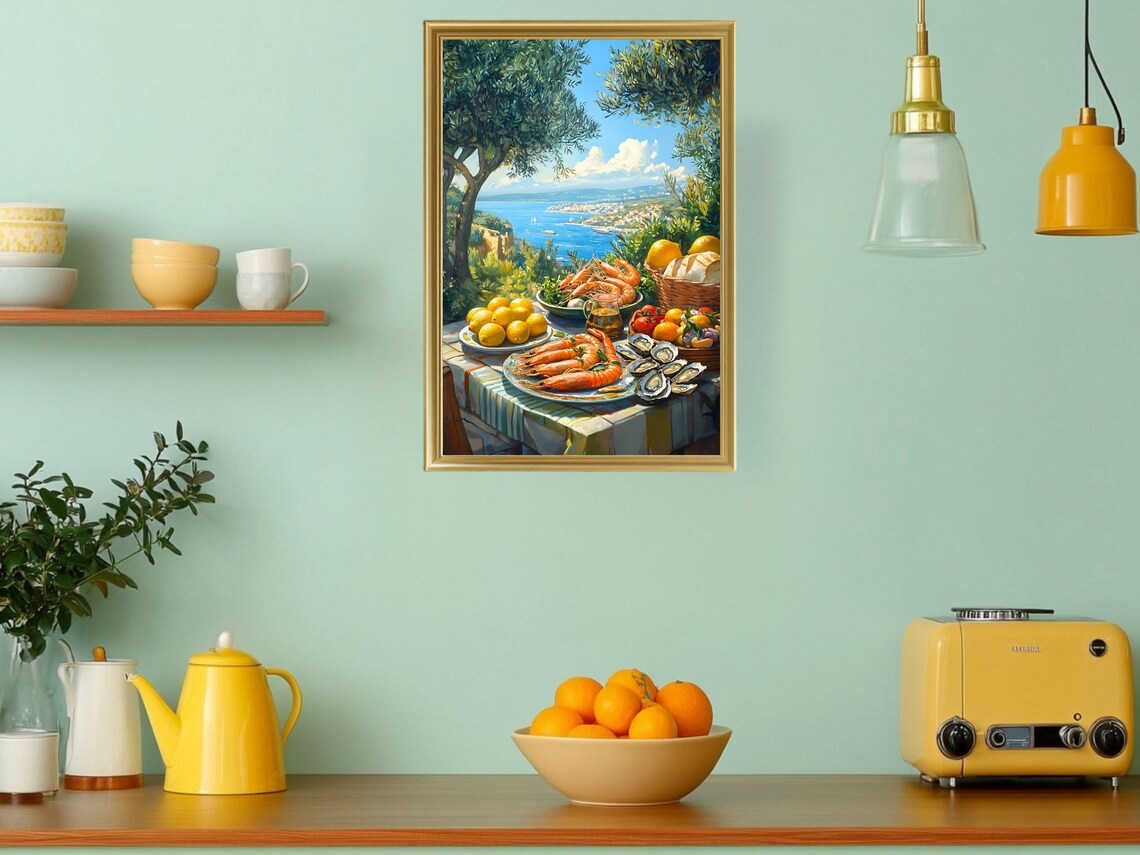 Mediterranean Coastal Feast Wall Art Vibrant Dining Decor Print Seafood And Citrus Painting Nautical Home Accent - Image 3