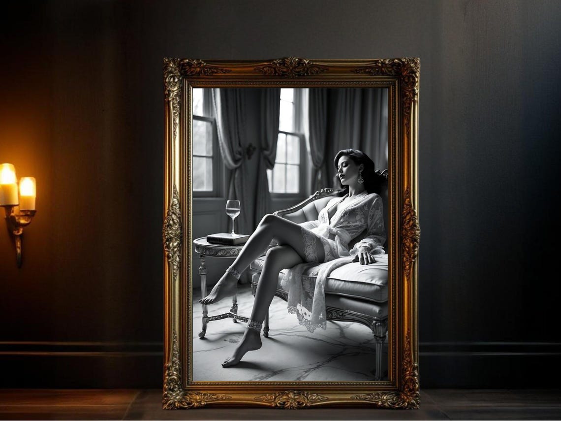 Romantic Black And White Boudoir Portrait Lace Robe Chaise Poster